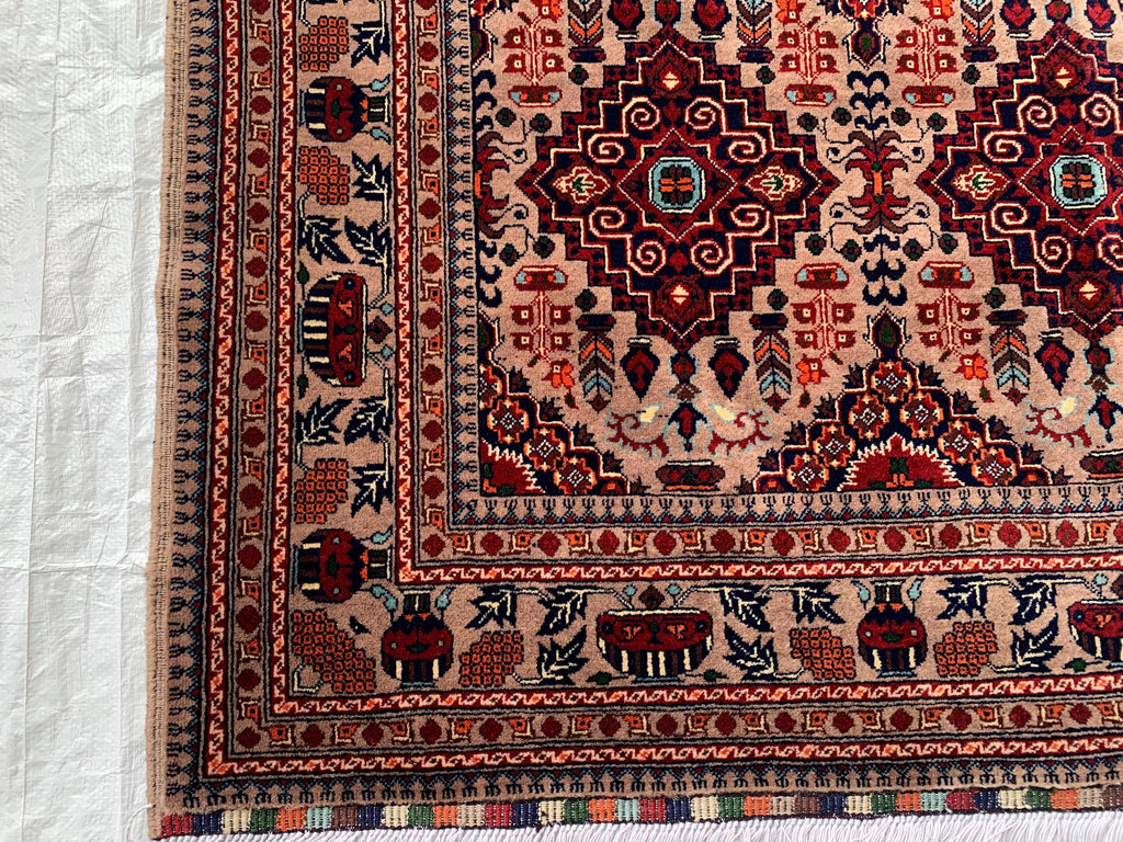 6.4x5 ft Handmade Afghan Tribal Rug – Vintage Wool Area Carpet, Red & Beige Geometric Bokhara Design, Perfect for living Room, Bedroom Rug
