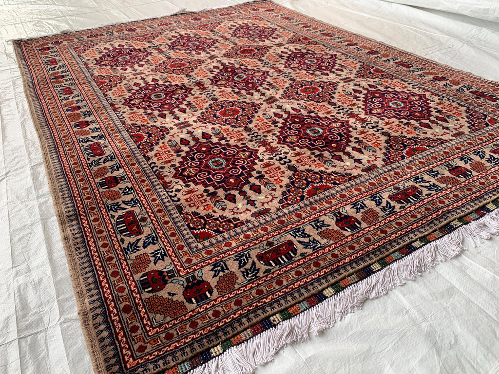 6.4x5 ft Handmade Afghan Tribal Rug – Vintage Wool Area Carpet, Red & Beige Geometric Bokhara Design, Perfect for living Room, Bedroom Rug