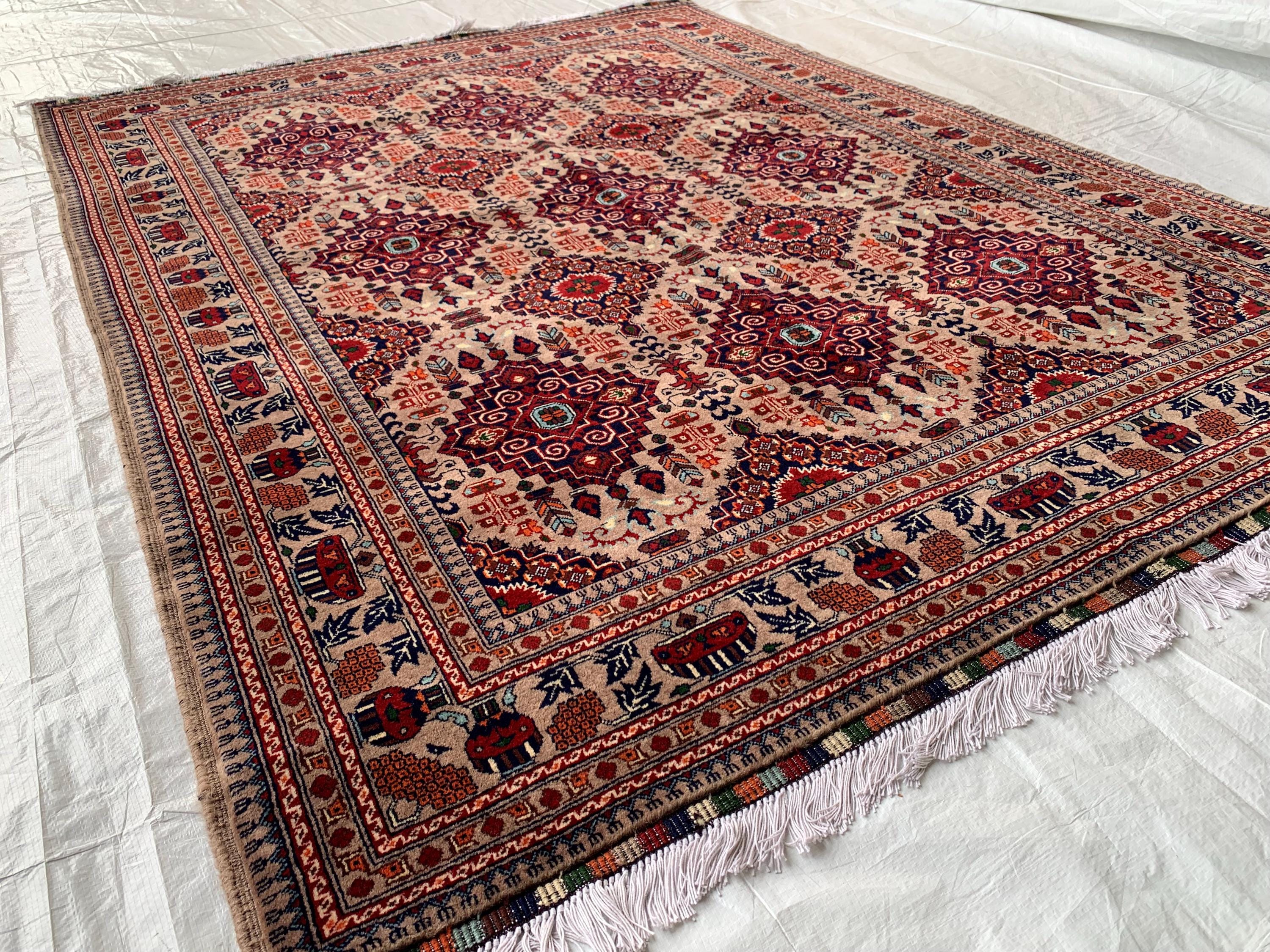 6.4x5 ft Handmade Afghan Tribal Rug – Vintage Wool Area Carpet, Red & Beige Geometric Bokhara Design, Perfect for living Room, Bedroom Rug