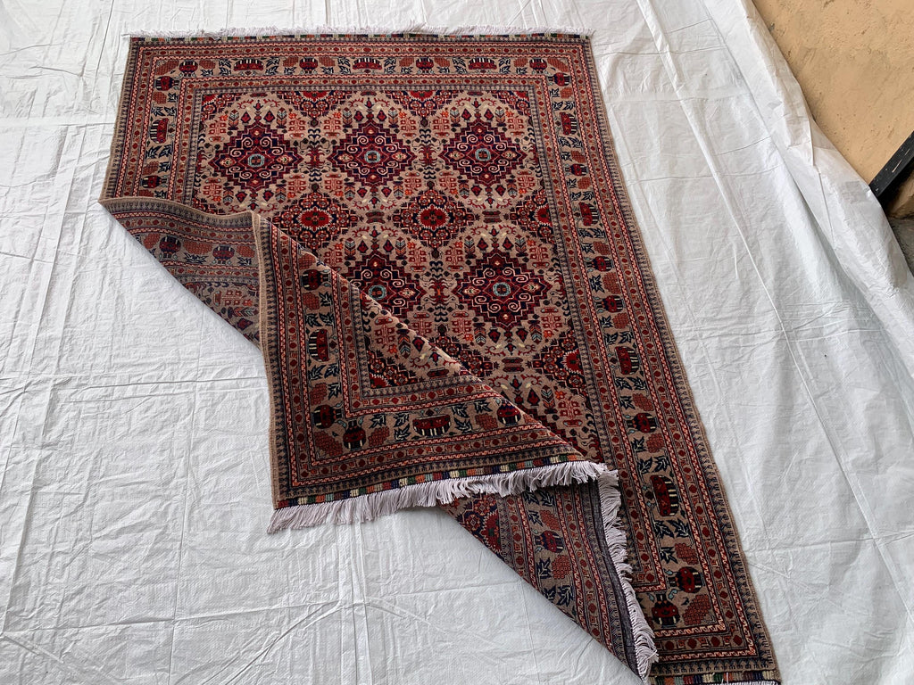 6.4x5 ft Handmade Afghan Tribal Rug – Vintage Wool Area Carpet, Red & Beige Geometric Bokhara Design, Perfect for living Room, Bedroom Rug