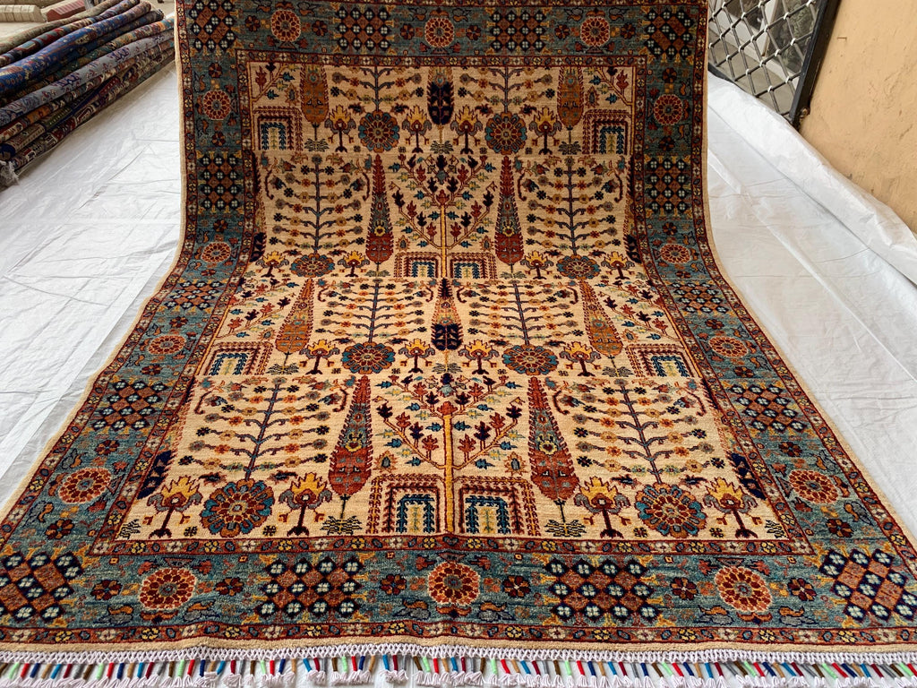 6.4x5 ft Handmade Afghan Tribal Rug, Wool Area Carpet, Blue & Beige Geometric Bokhara Design, Modern Chobi Rug, Rug for Living Room, Bedroom