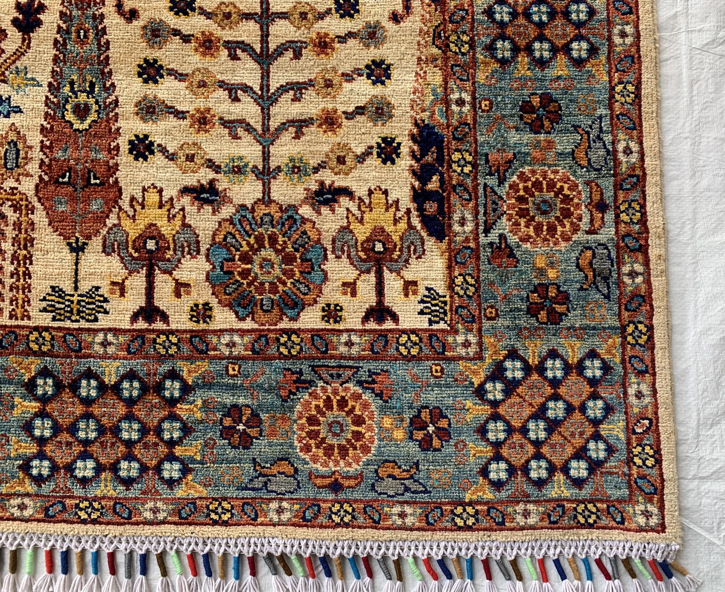 6.4x5 ft Handmade Afghan Tribal Rug, Wool Area Carpet, Blue & Beige Geometric Bokhara Design, Modern Chobi Rug, Rug for Living Room, Bedroom