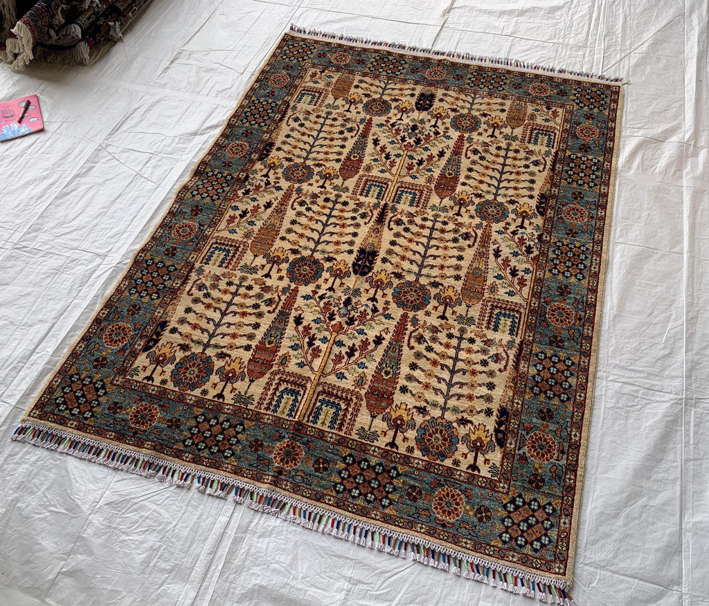 6.4x5 ft Handmade Afghan Tribal Rug, Wool Area Carpet, Blue & Beige Geometric Bokhara Design, Modern Chobi Rug, Rug for Living Room, Bedroom