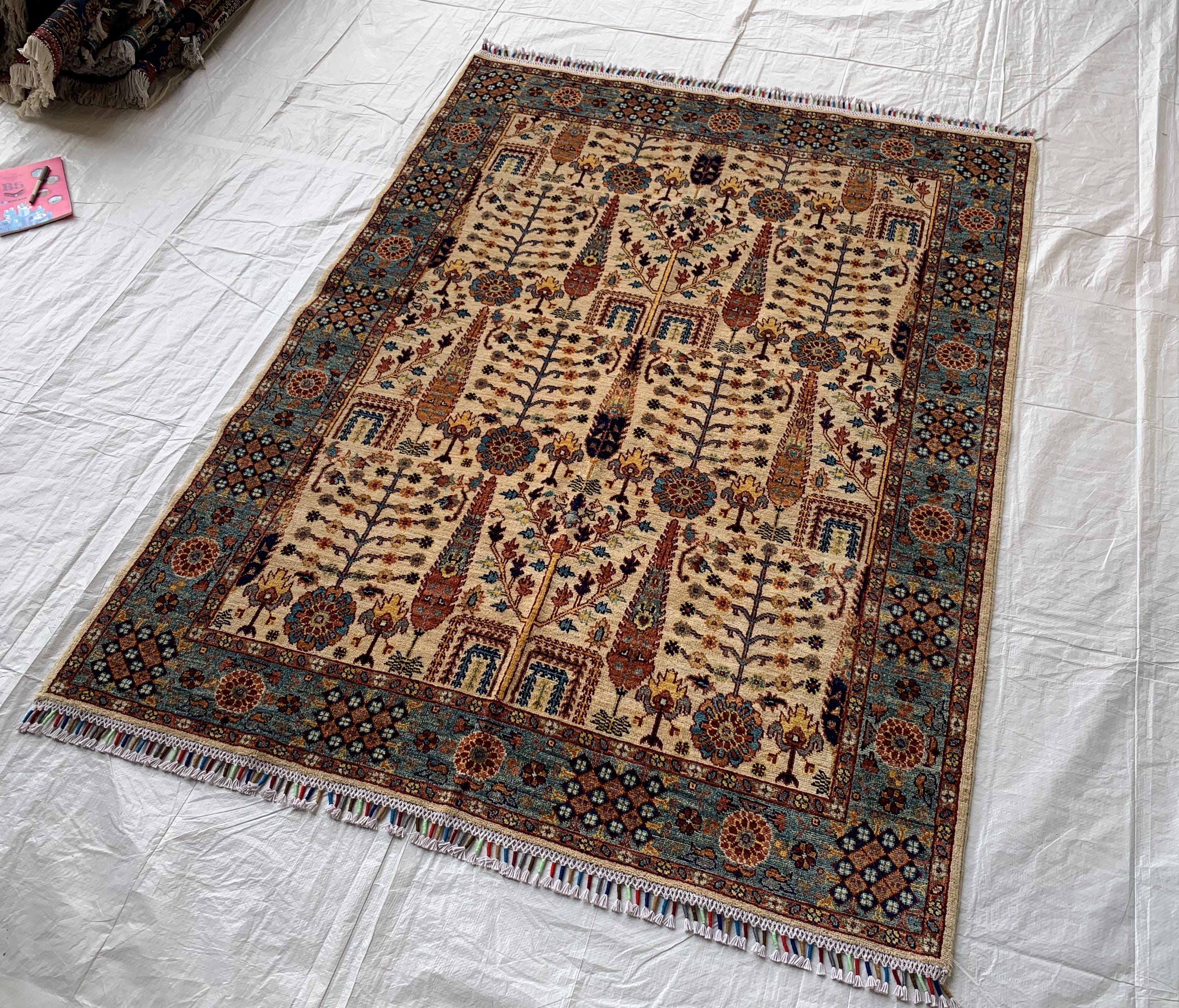 6.4x5 ft Handmade Afghan Tribal Rug, Wool Area Carpet, Blue & Beige Geometric Bokhara Design, Modern Chobi Rug, Rug for Living Room, Bedroom
