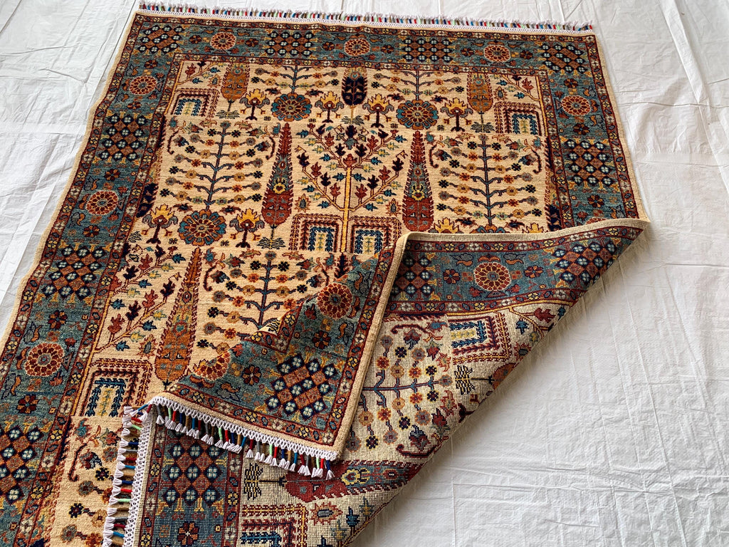 6.4x5 ft Handmade Afghan Tribal Rug, Wool Area Carpet, Blue & Beige Geometric Bokhara Design, Modern Chobi Rug, Rug for Living Room, Bedroom
