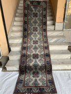 3x10 ft Handmade Afghan Bokhara Runner – Light Blue & Navy Wool Hallway Rug with Geometric Patterns, Entryway Rug, Stairs Rug, 10.5x2.8 ft