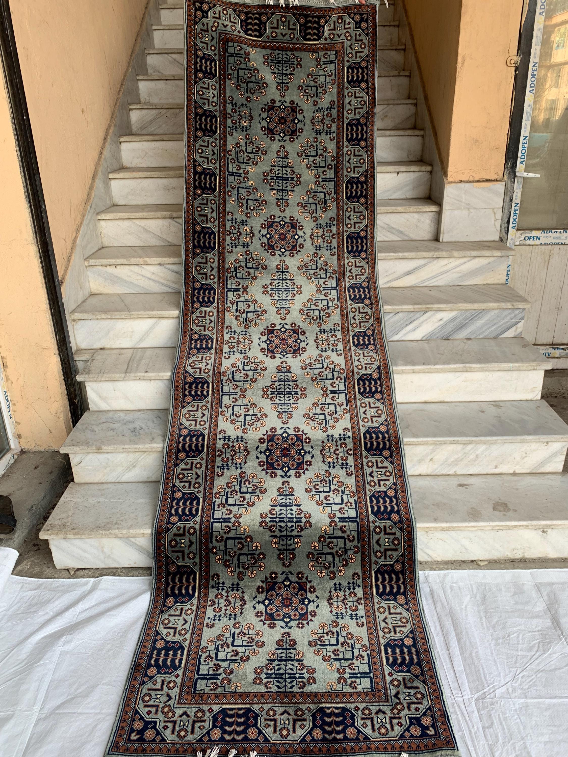 3x10 ft Handmade Afghan Bokhara Runner – Light Blue & Navy Wool Hallway Rug with Geometric Patterns, Entryway Rug, Stairs Rug, 10.5x2.8 ft
