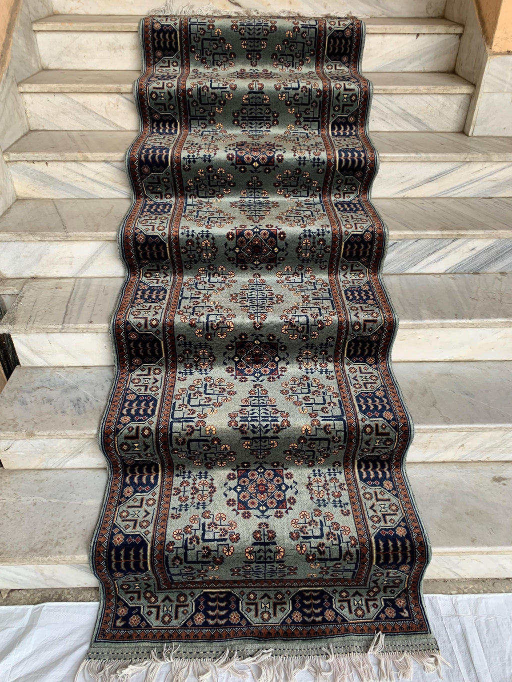3x10 ft Handmade Afghan Bokhara Runner – Light Blue & Navy Wool Hallway Rug with Geometric Patterns, Entryway Rug, Stairs Rug, 10.5x2.8 ft