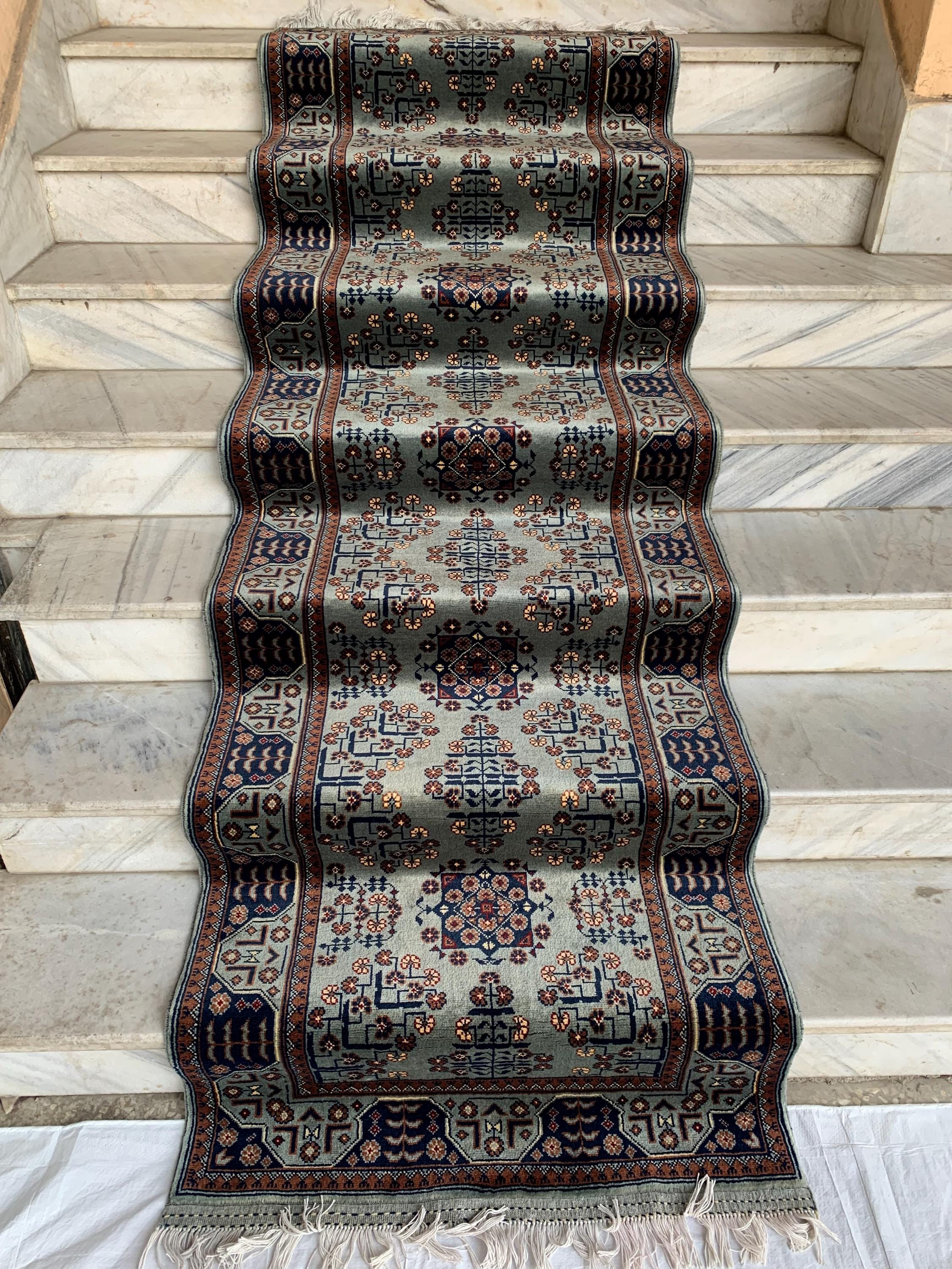 3x10 ft Handmade Afghan Bokhara Runner – Light Blue & Navy Wool Hallway Rug with Geometric Patterns, Entryway Rug, Stairs Rug, 10.5x2.8 ft