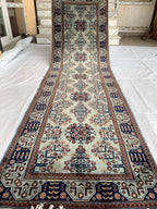 3x10 ft Handmade Afghan Bokhara Runner – Light Blue & Navy Wool Hallway Rug with Geometric Patterns, Entryway Rug, Stairs Rug, 10.5x2.8 ft