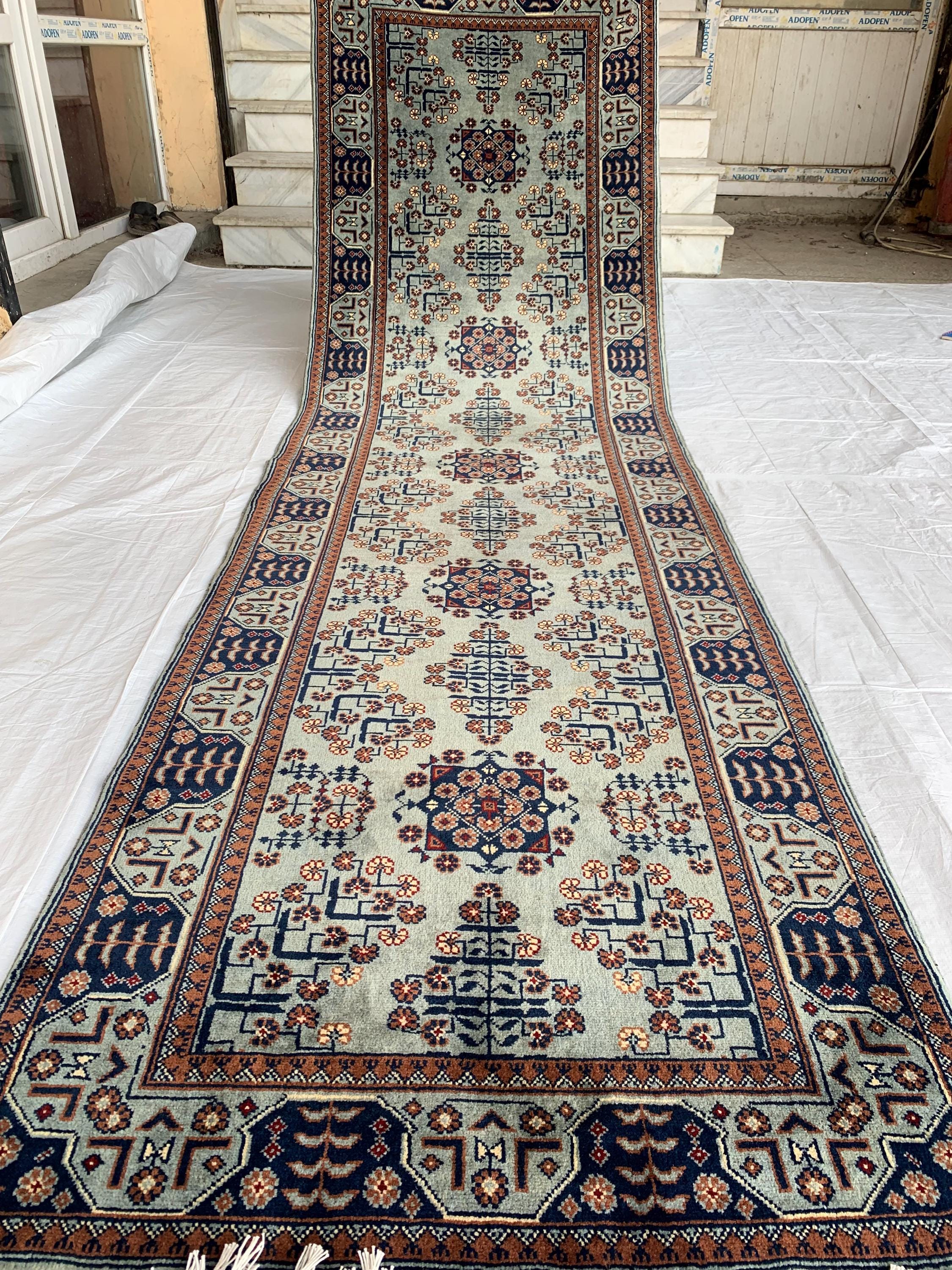 3x10 ft Handmade Afghan Bokhara Runner – Light Blue & Navy Wool Hallway Rug with Geometric Patterns, Entryway Rug, Stairs Rug, 10.5x2.8 ft
