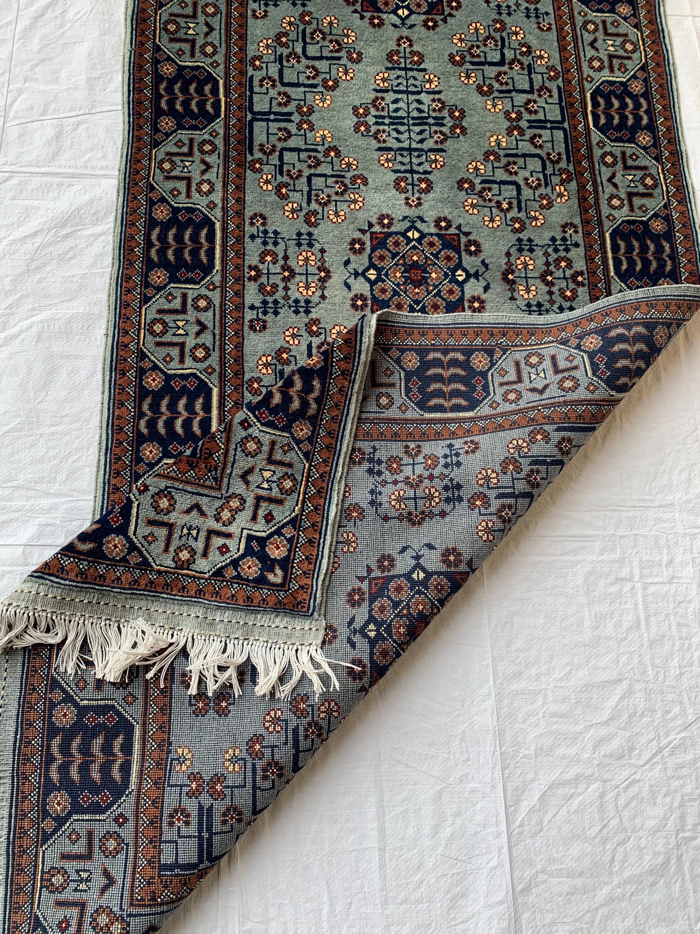 3x10 ft Handmade Afghan Bokhara Runner – Light Blue & Navy Wool Hallway Rug with Geometric Patterns, Entryway Rug, Stairs Rug, 10.5x2.8 ft