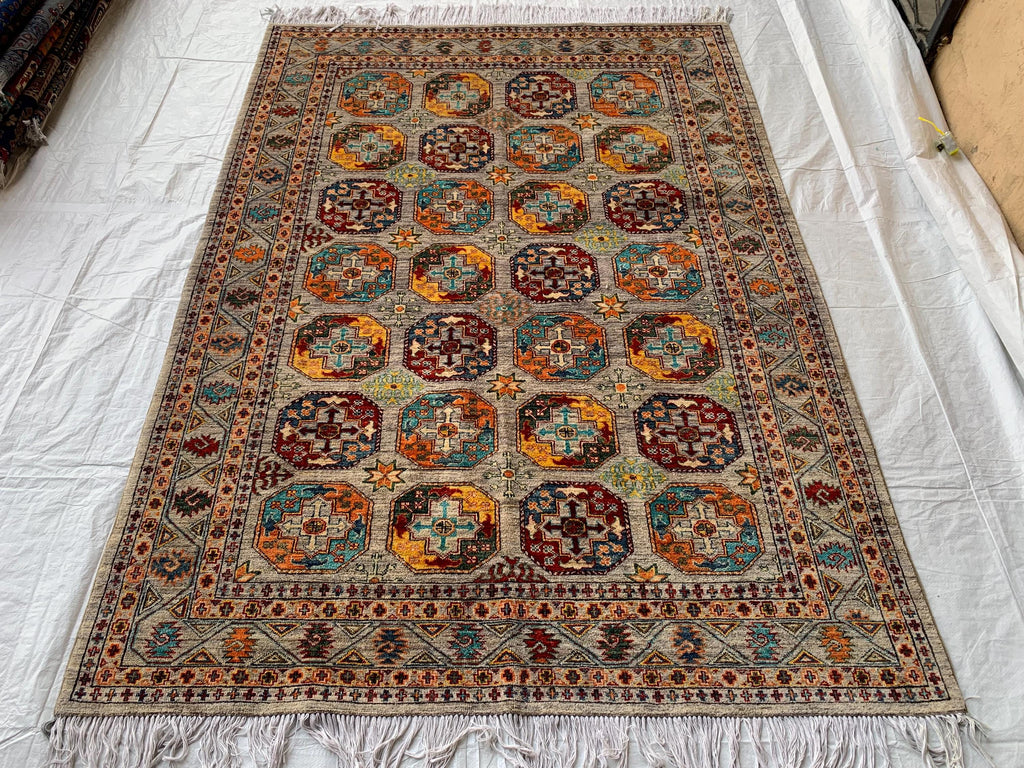 6x8 Hand-Knotted Chobi Rug – Beige & Multicolor Wool Carpet, Traditional Floral Design, Rug for living room, Bedroom Modern Rug 7.10x5.7 ft