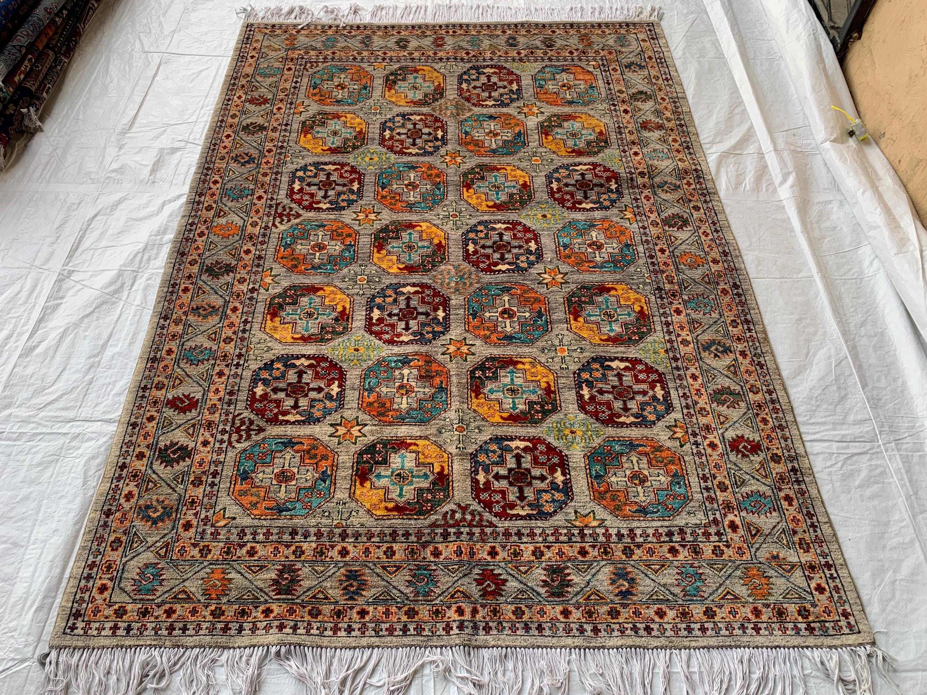 6x8 Hand-Knotted Chobi Rug – Beige & Multicolor Wool Carpet, Traditional Floral Design, Rug for living room, Bedroom Modern Rug 7.10x5.7 ft