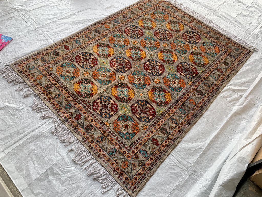 6x8 Hand-Knotted Chobi Rug – Beige & Multicolor Wool Carpet, Traditional Floral Design, Rug for living room, Bedroom Modern Rug 7.10x5.7 ft