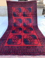 3x7ft, 60-Year-Old Afghan Elephant Foot Rug Hand-Knotted Wool Tribal Carpet Red & Navy Blue Vintage Rug Rug For Living Room, Hallway
