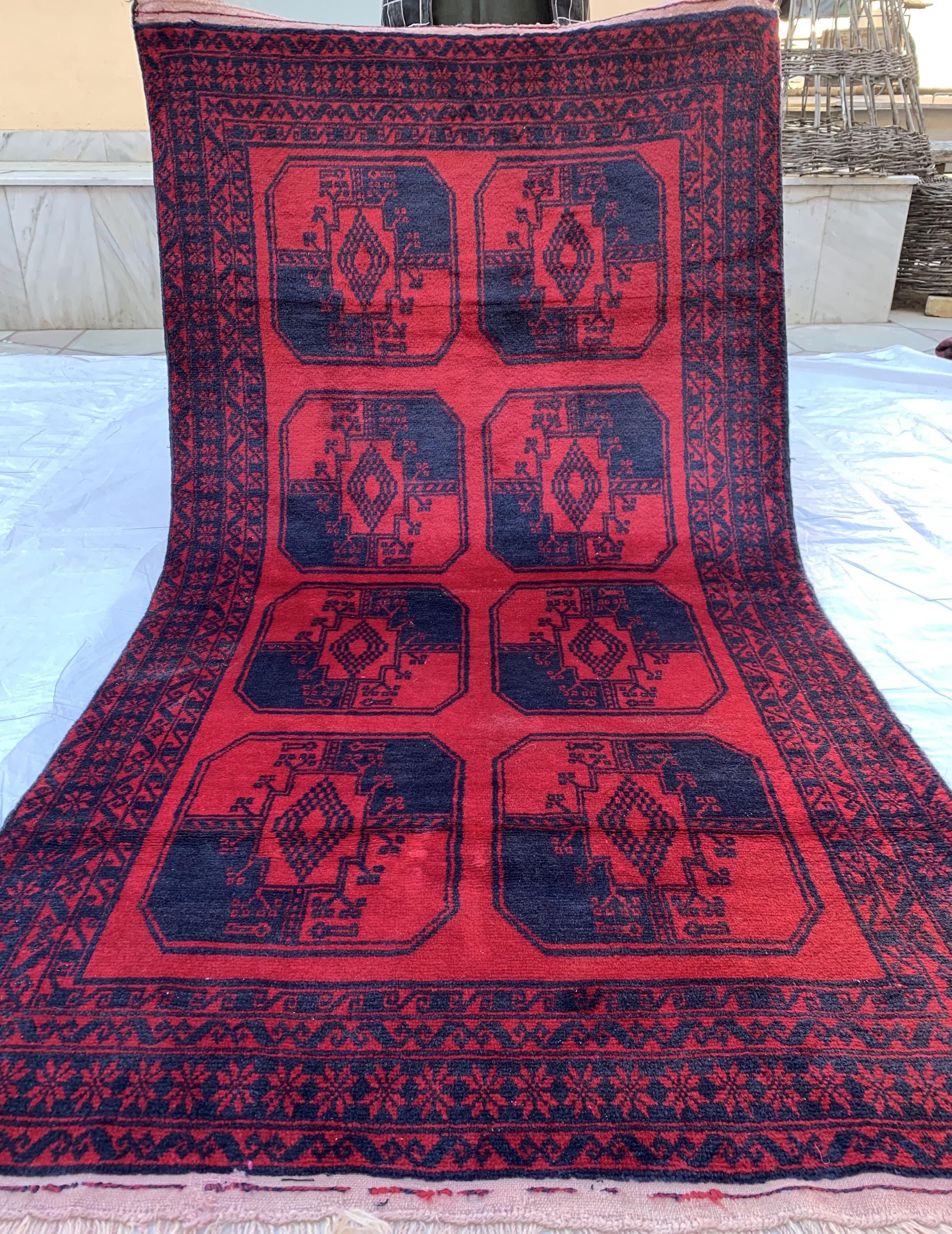 3x7ft, 60-Year-Old Afghan Elephant Foot Rug Hand-Knotted Wool Tribal Carpet Red & Navy Blue Vintage Rug Rug For Living Room, Hallway