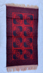 3x7ft, 60-Year-Old Afghan Elephant Foot Rug Hand-Knotted Wool Tribal Carpet Red & Navy Blue Vintage Rug Rug For Living Room, Hallway