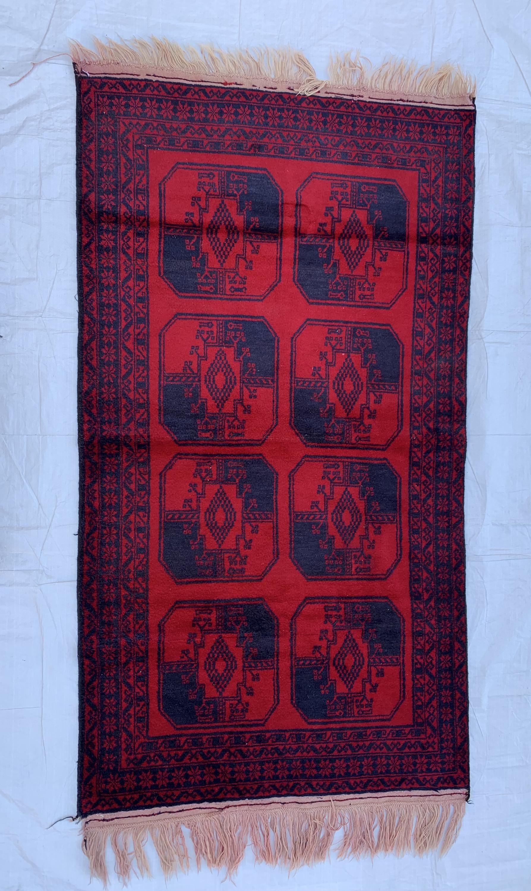 3x7ft, 60-Year-Old Afghan Elephant Foot Rug Hand-Knotted Wool Tribal Carpet Red & Navy Blue Vintage Rug Rug For Living Room, Hallway