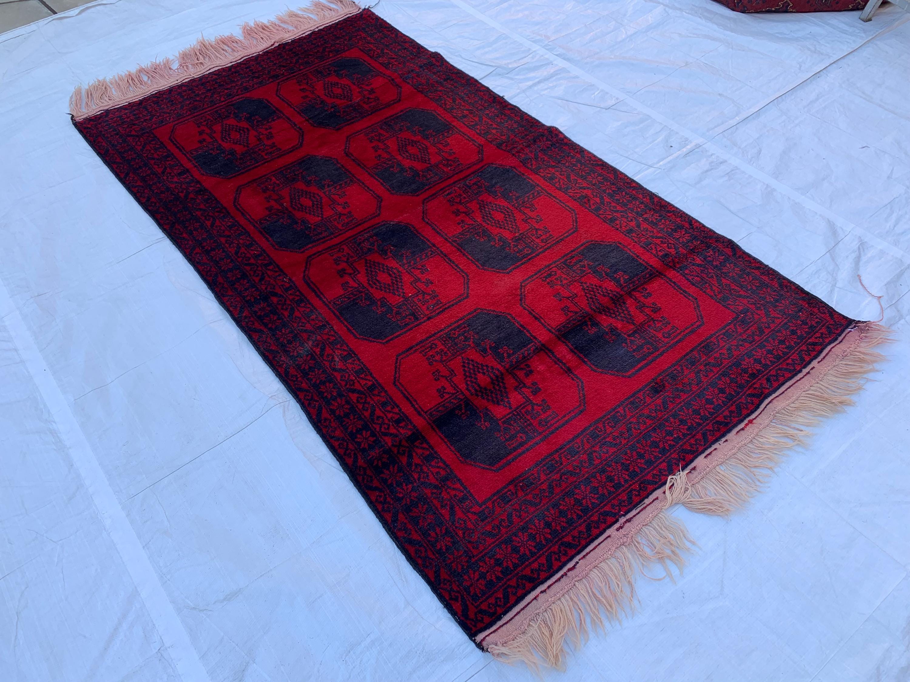 3x7ft, 60-Year-Old Afghan Elephant Foot Rug Hand-Knotted Wool Tribal Carpet Red & Navy Blue Vintage Rug Rug For Living Room, Hallway