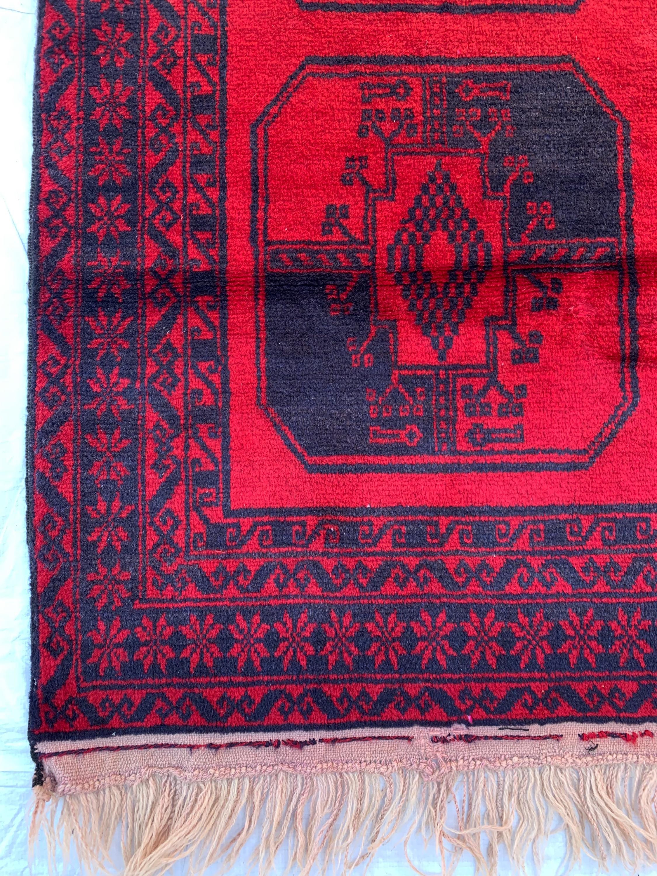 3x7ft, 60-Year-Old Afghan Elephant Foot Rug Hand-Knotted Wool Tribal Carpet Red & Navy Blue Vintage Rug Rug For Living Room, Hallway