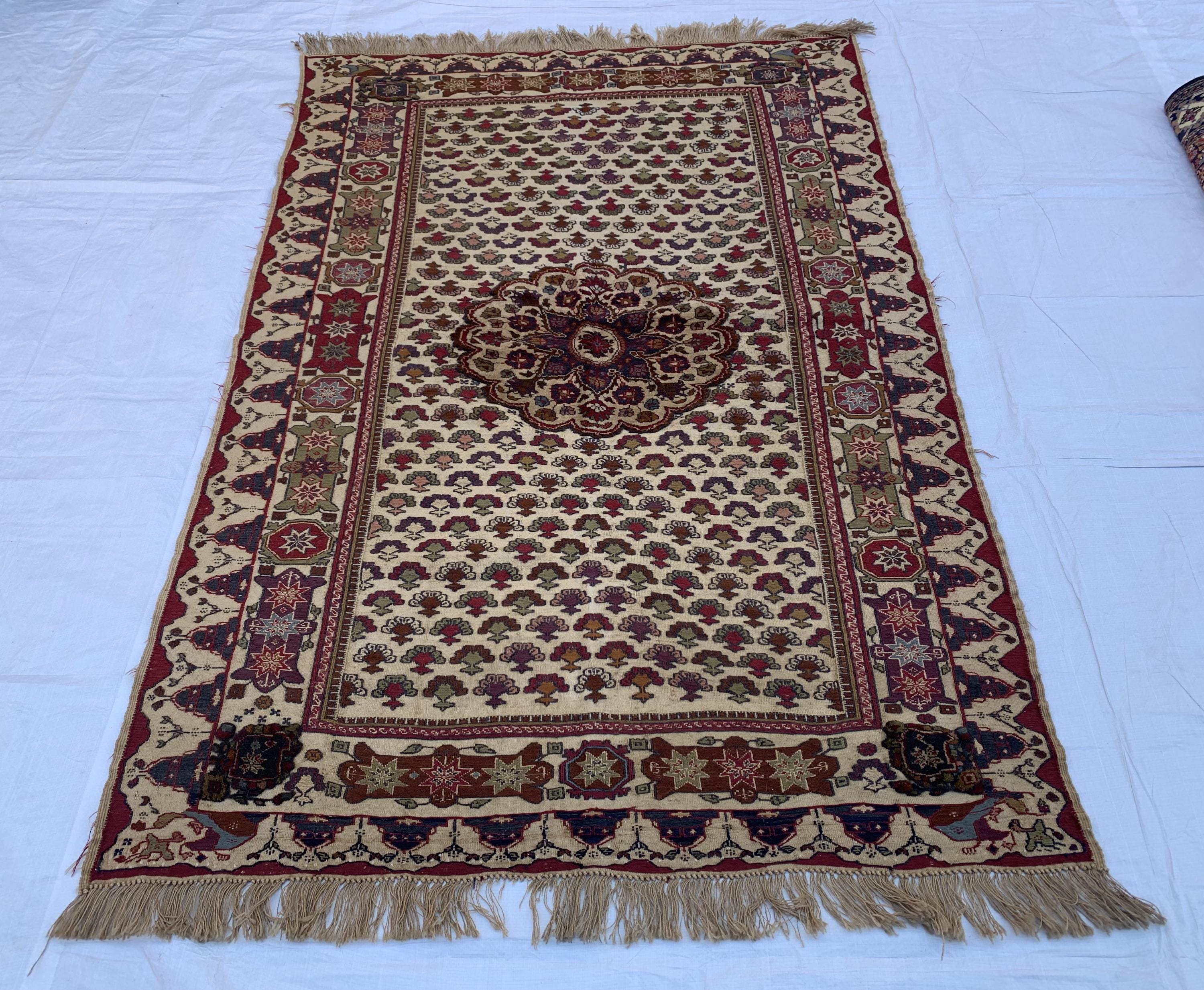 2x6 Rare Herati Rug | Hand-Knotted Wool Afghan Carpet | Vintage Tribal Rug With Floral and Geometric Pattern, Beige Oriental Rug 6.1x4.2 ft