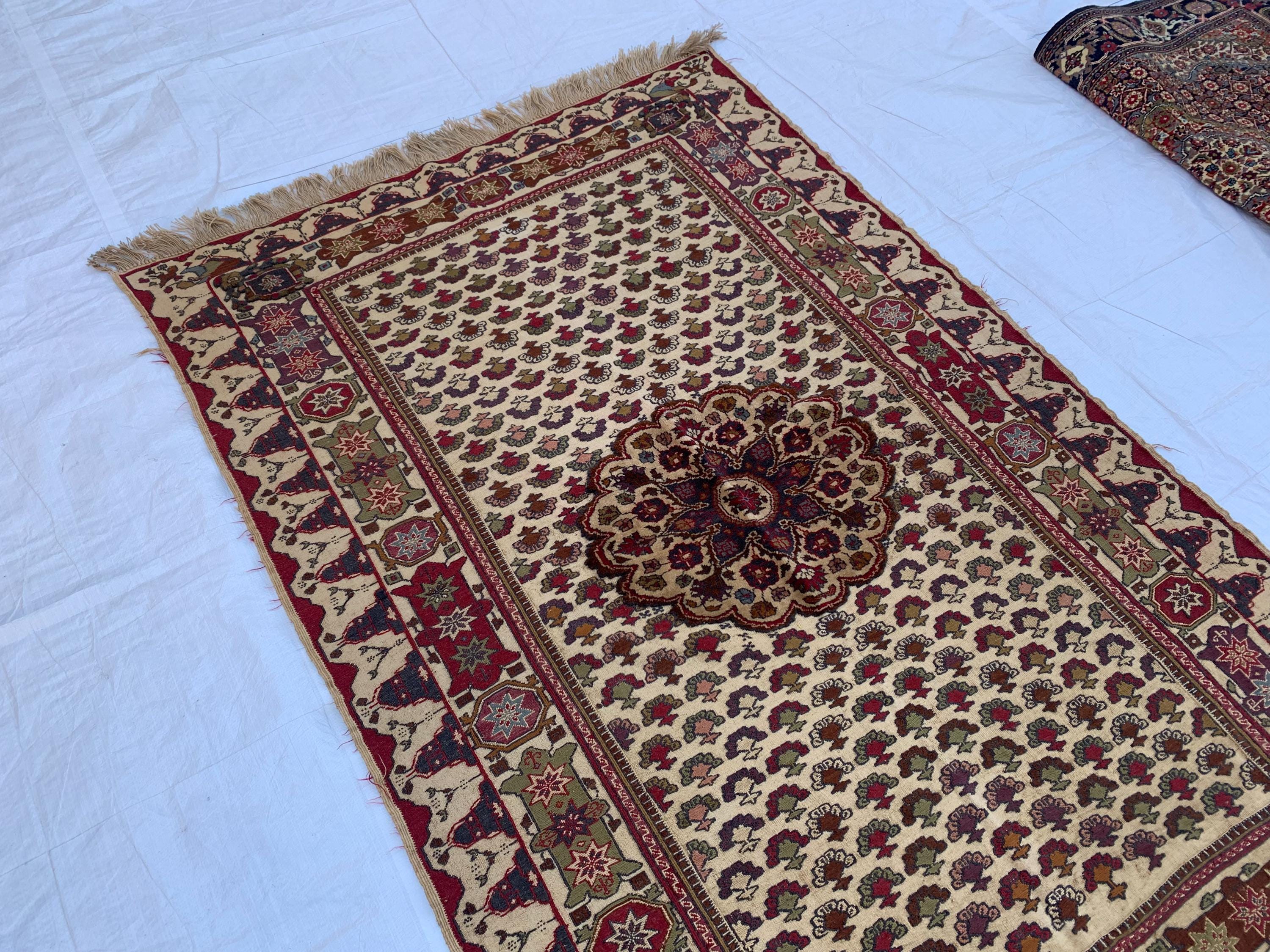 2x6 Rare Herati Rug | Hand-Knotted Wool Afghan Carpet | Vintage Tribal Rug With Floral and Geometric Pattern, Beige Oriental Rug 6.1x4.2 ft