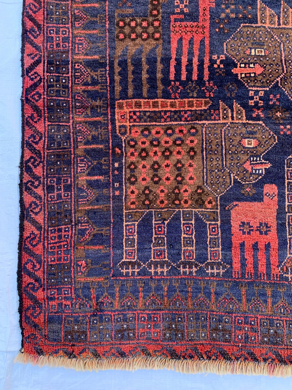 4x7 Vintage Baluchi Rug Hand-Knotted Wool Tribal Carpet | Animal Motif & Geometric Patterns Brown and Blue Afghan Nomadic Rug, 6.11x3.10 ft