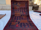 4x7 Vintage Baluchi Rug Hand-Knotted Wool Tribal Carpet | Animal Motif & Geometric Patterns Brown and Blue Afghan Nomadic Rug, 6.11x3.10 ft