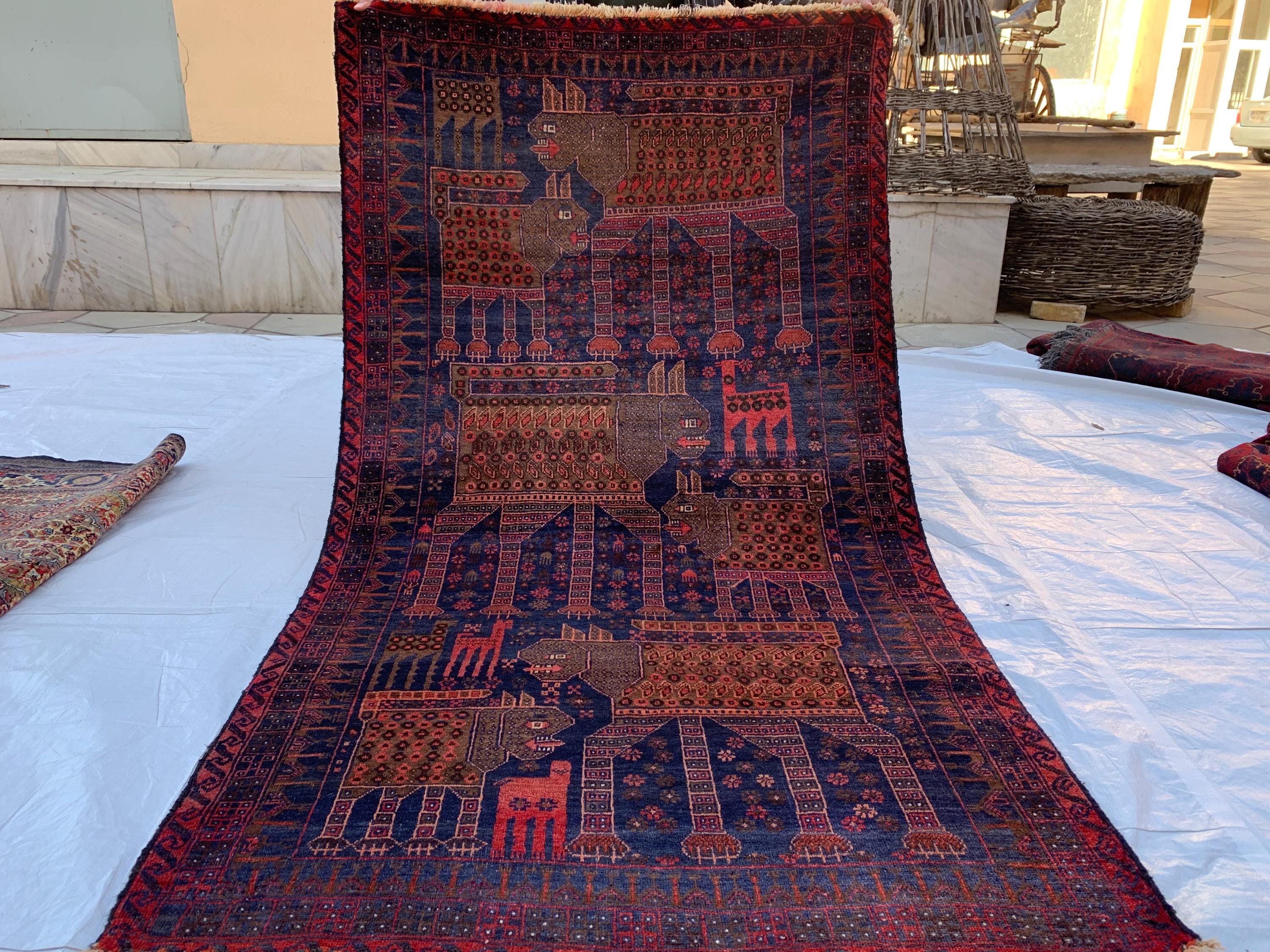 4x7 Vintage Baluchi Rug Hand-Knotted Wool Tribal Carpet | Animal Motif & Geometric Patterns Brown and Blue Afghan Nomadic Rug, 6.11x3.10 ft