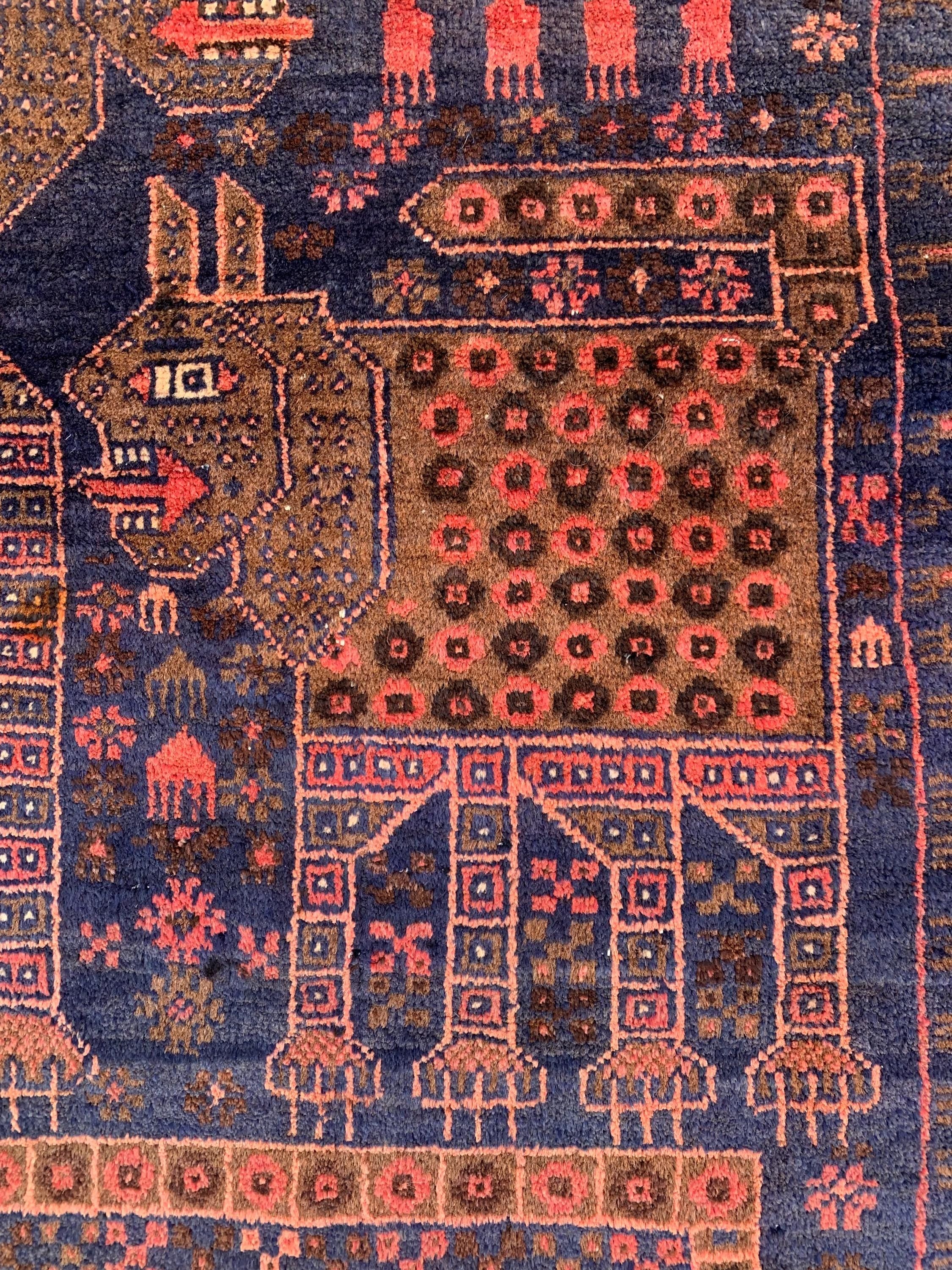 4x7 Vintage Baluchi Rug Hand-Knotted Wool Tribal Carpet | Animal Motif & Geometric Patterns Brown and Blue Afghan Nomadic Rug, 6.11x3.10 ft