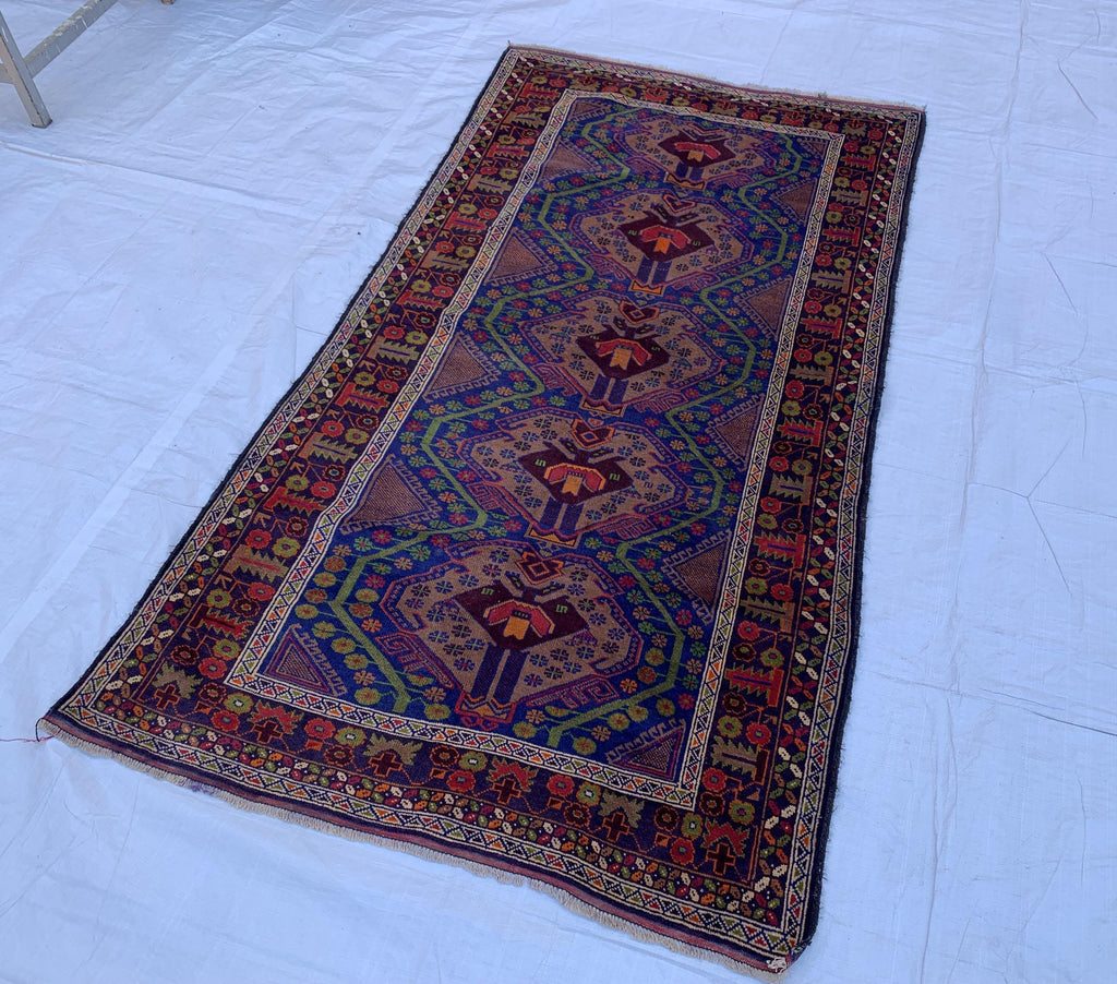 Vintage Ali Khaja Rug 6.4x3.5 ft | Hand-Knotted Wool Afghan Tribal Carpet | Red & Navy Blue Geometric Pattern | Nomadic Baluchi Motifs Rug