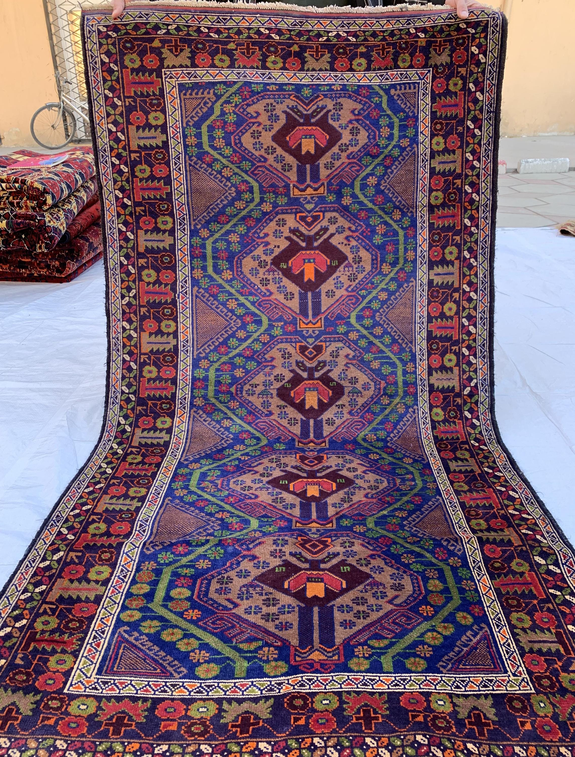 Vintage Ali Khaja Rug 6.4x3.5 ft | Hand-Knotted Wool Afghan Tribal Carpet | Red & Navy Blue Geometric Pattern | Nomadic Baluchi Motifs Rug