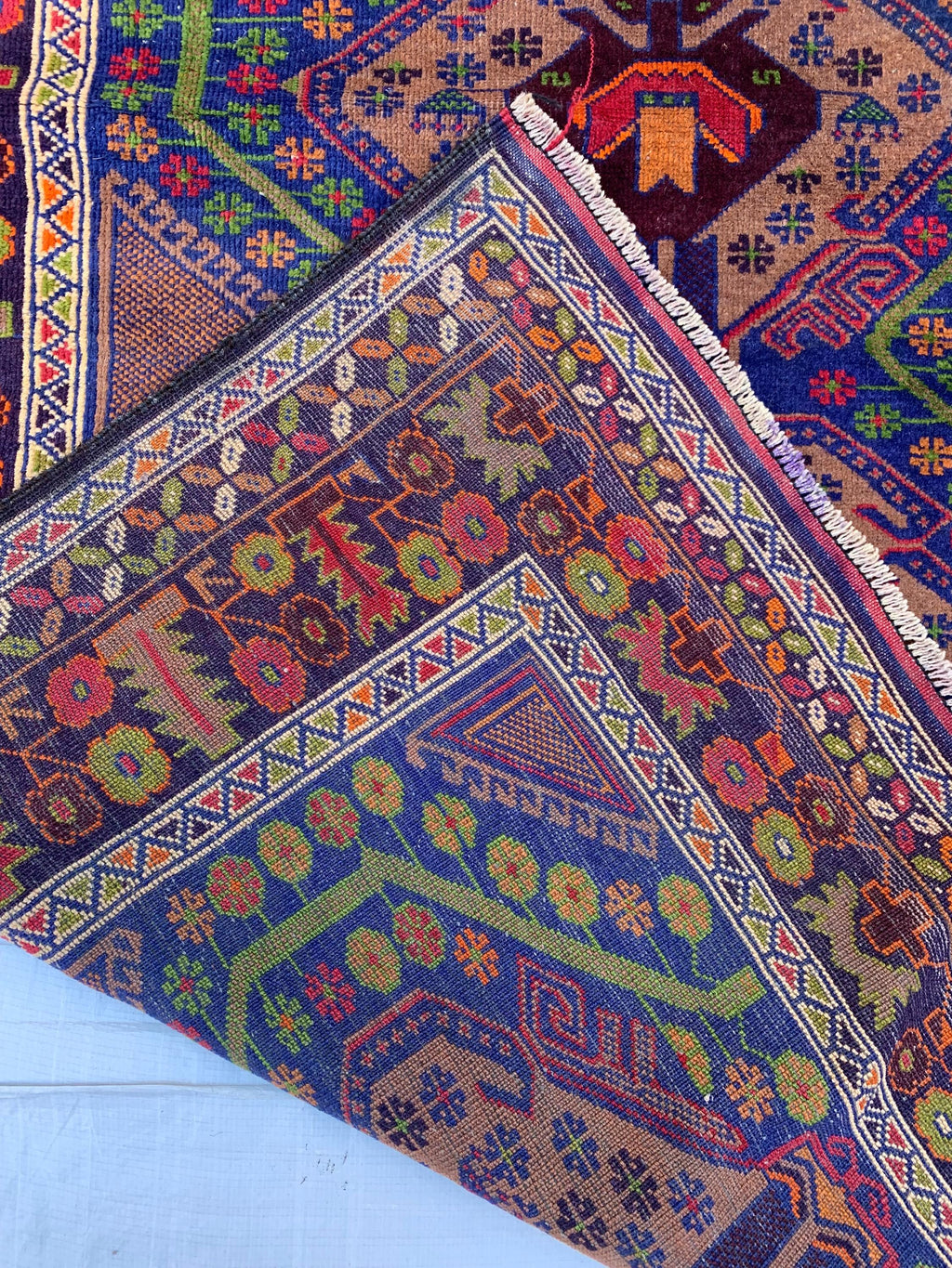 Vintage Ali Khaja Rug 6.4x3.5 ft | Hand-Knotted Wool Afghan Tribal Carpet | Red & Navy Blue Geometric Pattern | Nomadic Baluchi Motifs Rug