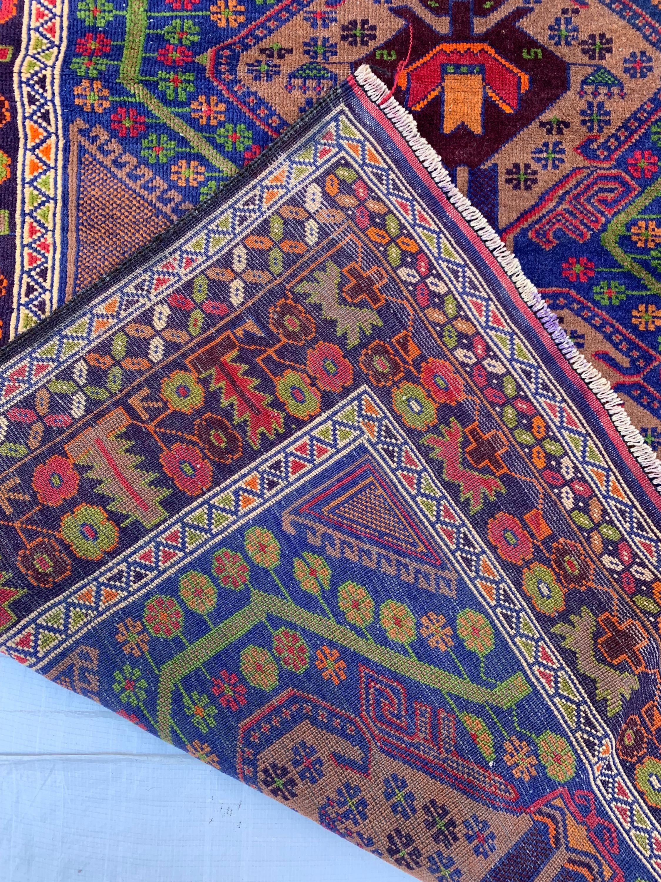 Vintage Ali Khaja Rug 6.4x3.5 ft | Hand-Knotted Wool Afghan Tribal Carpet | Red & Navy Blue Geometric Pattern | Nomadic Baluchi Motifs Rug