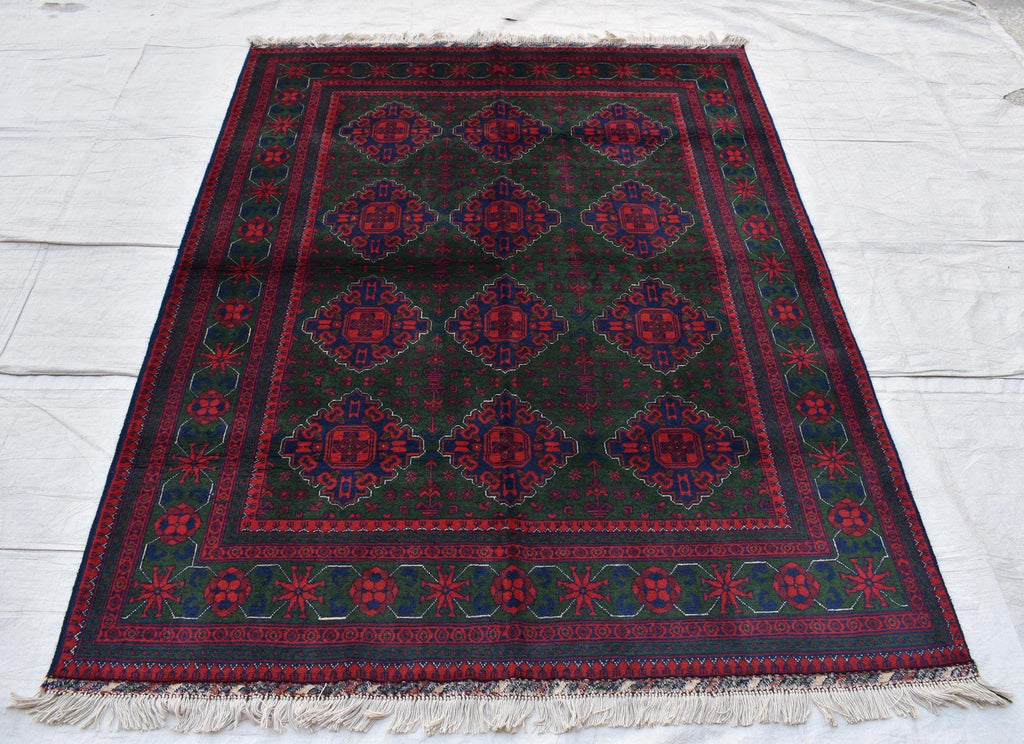 5x7 Authentic Bukhara Khal Mohammadi Rug-Handwoven Afghan Wool Carpet- Rich Red Green Tones, Geometric Patterns, Living Room Rug 6.10x5.1 ft