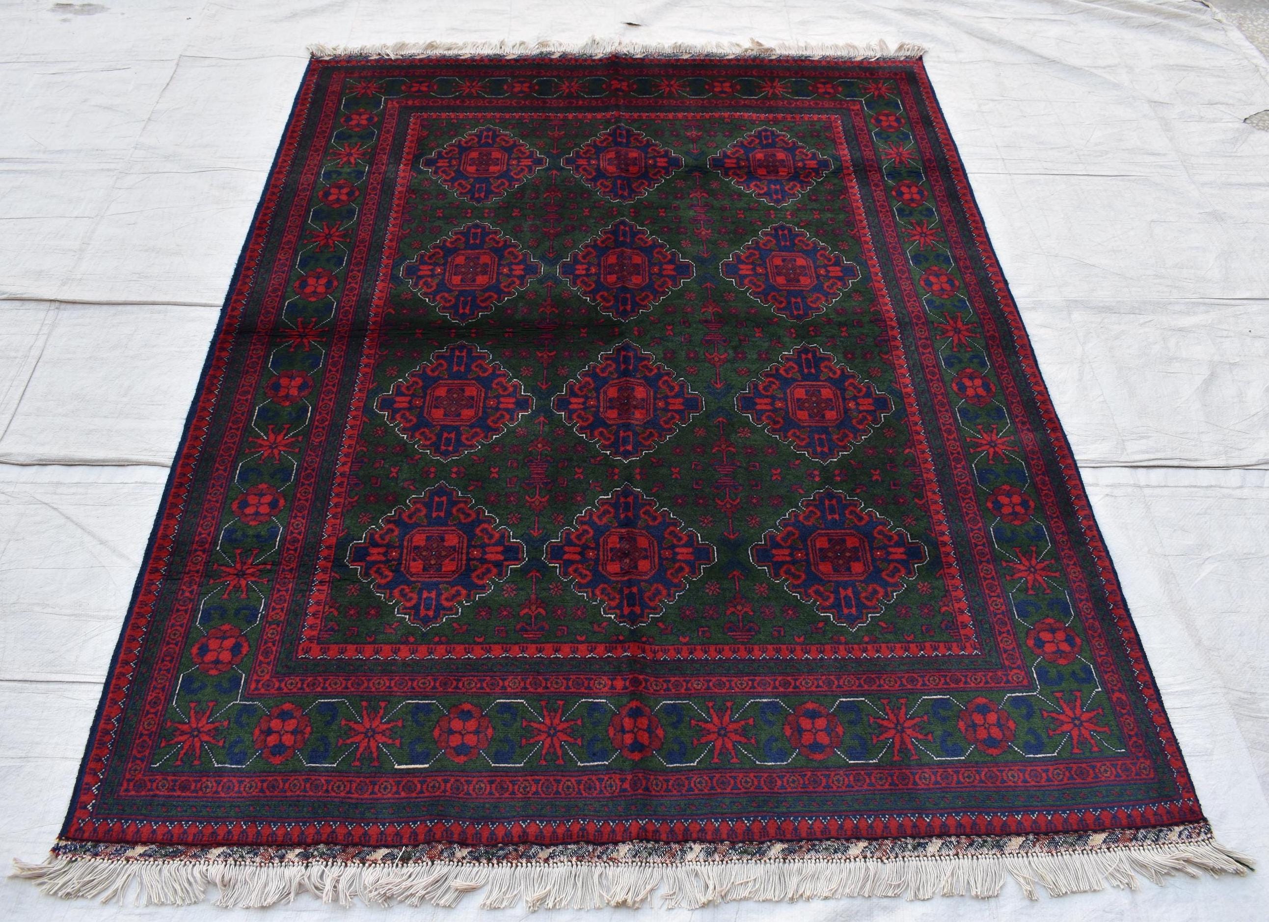 5x7 Authentic Bukhara Khal Mohammadi Rug-Handwoven Afghan Wool Carpet- Rich Red Green Tones, Geometric Patterns, Living Room Rug 6.10x5.1 ft