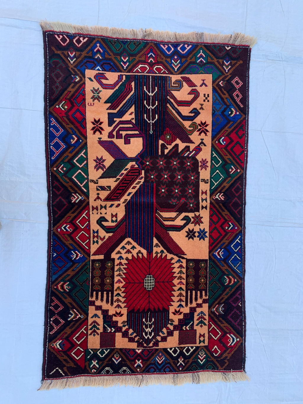 3x4 Vintage Baluchi War Rug Handmade Afghan Tribal Carpet with Rich Red, Deep Blue & Earthy Tones – Perfect for Bohemian Office, 2.7x4.4 ft