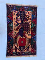 3x4 Vintage Baluchi War Rug Handmade Afghan Tribal Carpet with Rich Red, Deep Blue & Earthy Tones – Perfect for Bohemian Office, 2.7x4.4 ft
