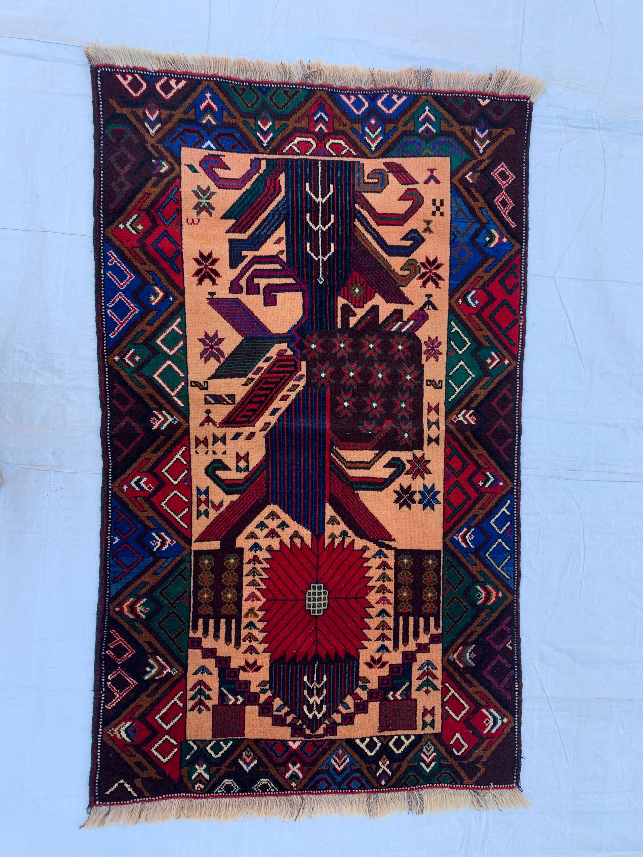 3x4 Vintage Baluchi War Rug Handmade Afghan Tribal Carpet with Rich Red, Deep Blue & Earthy Tones – Perfect for Bohemian Office, 2.7x4.4 ft