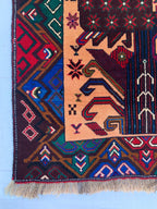 3x4 Vintage Baluchi War Rug Handmade Afghan Tribal Carpet with Rich Red, Deep Blue & Earthy Tones – Perfect for Bohemian Office, 2.7x4.4 ft