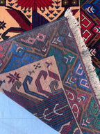 3x4 Vintage Baluchi War Rug Handmade Afghan Tribal Carpet with Rich Red, Deep Blue & Earthy Tones – Perfect for Bohemian Office, 2.7x4.4 ft