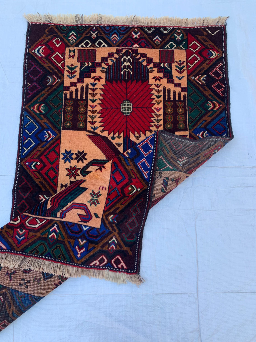 3x4 Vintage Baluchi War Rug Handmade Afghan Tribal Carpet with Rich Red, Deep Blue & Earthy Tones – Perfect for Bohemian Office, 2.7x4.4 ft