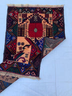 3x4 Vintage Baluchi War Rug Handmade Afghan Tribal Carpet with Rich Red, Deep Blue & Earthy Tones – Perfect for Bohemian Office, 2.7x4.4 ft