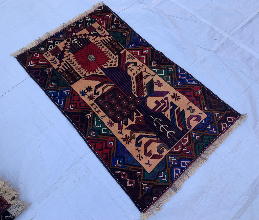 3x4 Vintage Baluchi War Rug Handmade Afghan Tribal Carpet with Rich Red, Deep Blue & Earthy Tones – Perfect for Bohemian Office, 2.7x4.4 ft