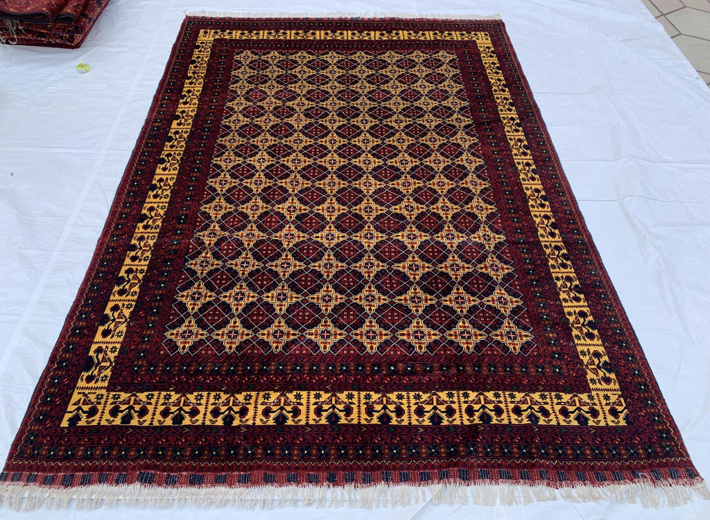8x12ft Large Yousafi Tribal Rug – Handwoven Afghan Wool Carpet with Geometric Patterns & Rich Red, Golden Perfect for Living Room, 349x240