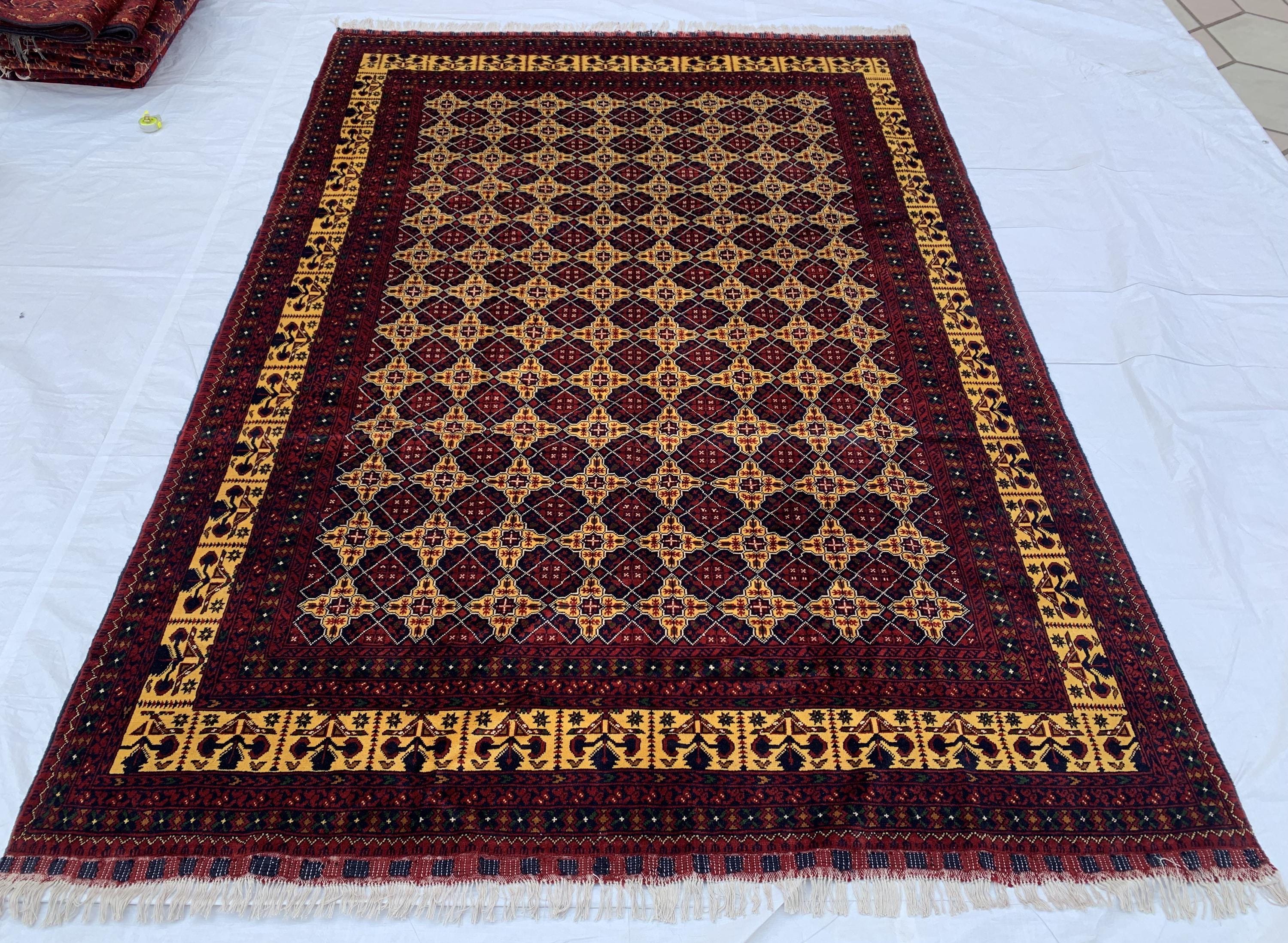 8x12ft Large Yousafi Tribal Rug – Handwoven Afghan Wool Carpet with Geometric Patterns & Rich Red, Golden Perfect for Living Room, 349x240