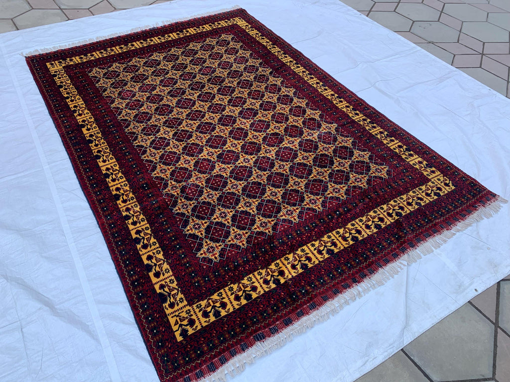 8x12ft Large Yousafi Tribal Rug – Handwoven Afghan Wool Carpet with Geometric Patterns & Rich Red, Golden Perfect for Living Room, 349x240