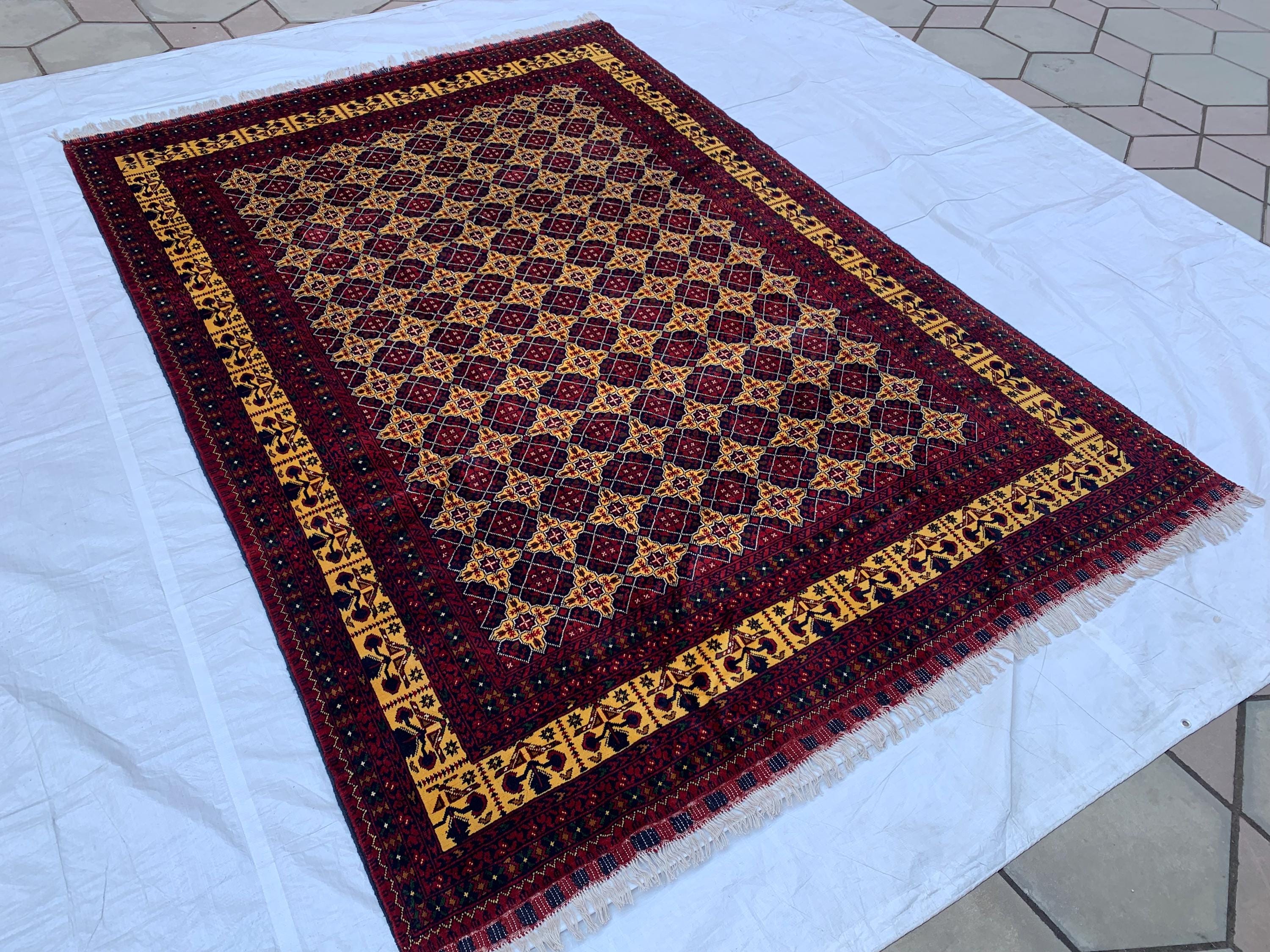 8x12ft Large Yousafi Tribal Rug – Handwoven Afghan Wool Carpet with Geometric Patterns & Rich Red, Golden Perfect for Living Room, 349x240