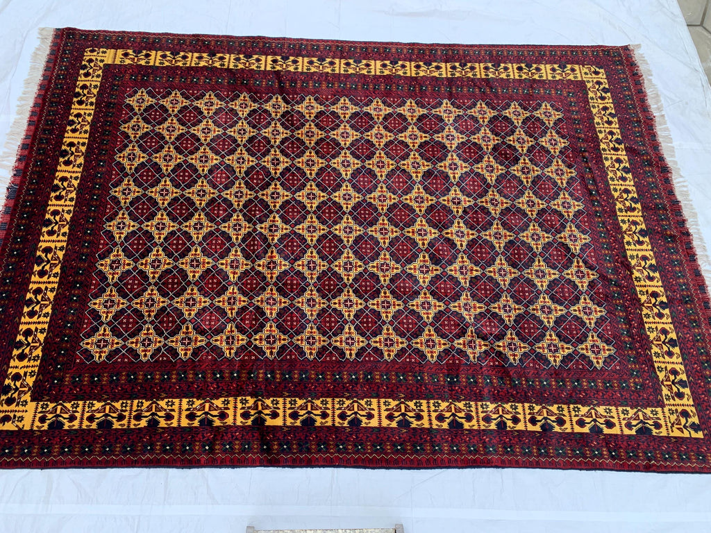 8x12ft Large Yousafi Tribal Rug – Handwoven Afghan Wool Carpet with Geometric Patterns & Rich Red, Golden Perfect for Living Room, 349x240